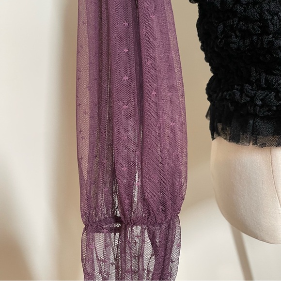 Free People Women’s Plum/Black - SZ L - Smocked Sheer Long Puff Sleeve Top - Picture 9 of 16
